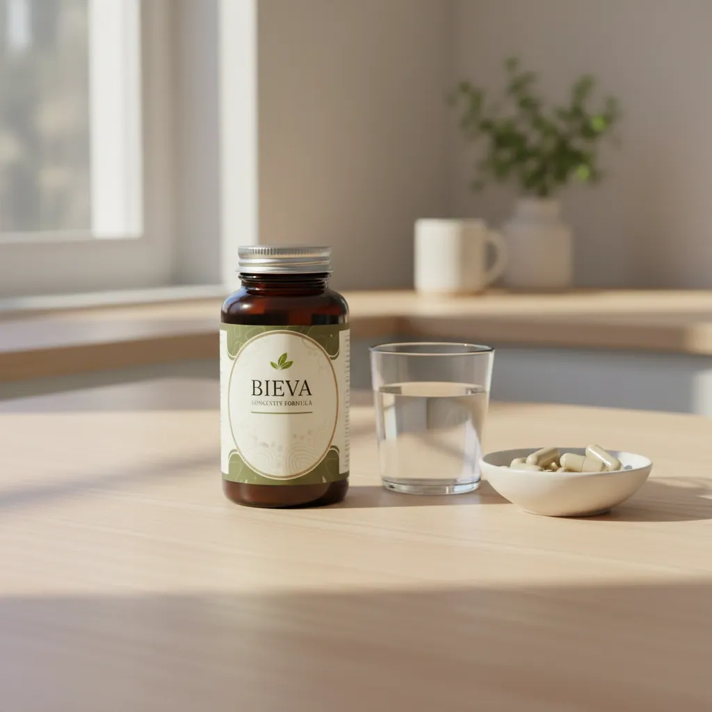 Bieva Longevity Formula purkki aamiaisella, vesilasin ja terveellisen aamiaislautasen vieressä